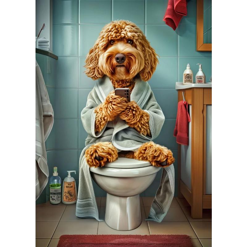 Современный лев, собака, хайленд, сидящая на унитазе и читающая газету, плакат, забавный принт с животными, картина на холсте, декор для ванной комнаты, картина