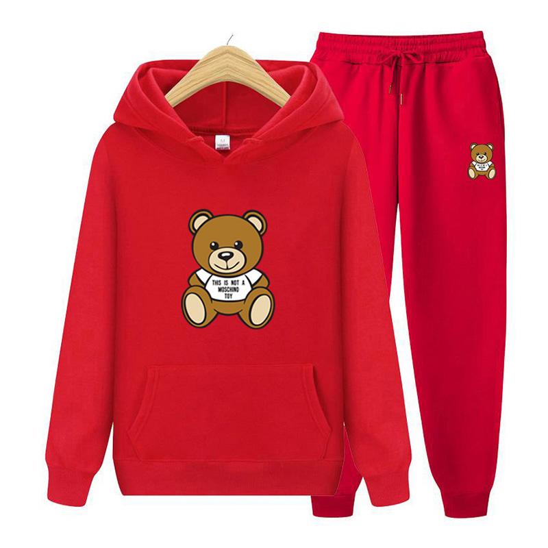 Новые осенне-зимние толстовки с принтом «Маленький медвежонок» + брюки для мужчин и женщин, повседневные толстовки с капюшоном, спортивная одежда, мужской флисовый костюм с капюшоном