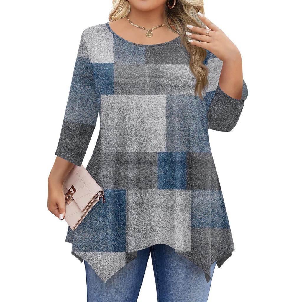 Womens Plus Size 3/4 Sleeve Shirts Round Neck Tunic Tops Basic Loose Fit Tee Tops L-5XL