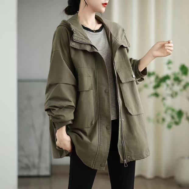 Johnature Woman Autumn Solid Color Hooded Drawstring Long Sleeves Coat Loose Casual Splicing Zipper Coat