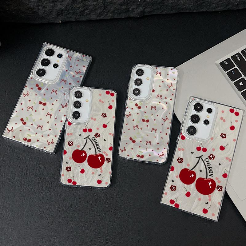 Чехол для телефона с перьями и узором вишни для Samsung S25 Ultra S24 FE S23 A56 A36 A16 A55 с мягким краем, тонкий, ударопрочный, блестящий, жесткий чехол-бампер из ПК