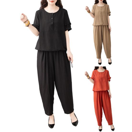Женский комплект из хлопка и льна, повседневный комплект из 2 предметов: топ с короткими рукавами, круглым вырезом и длинными брюками с карманами, летний свободный домашний костюм