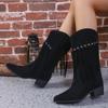 Bohemian Mid-calf Boots Women New  Winter Ethnic Rivet Tassel Boots Woman Faux Suede Pointed Thick Heel Shoe Booties Female