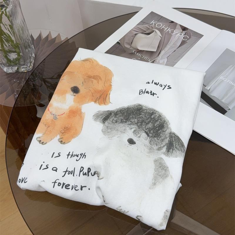 ID25 Ранняя осень Принт щенка Подвернутый край Длинный рукав Свободный пуловер