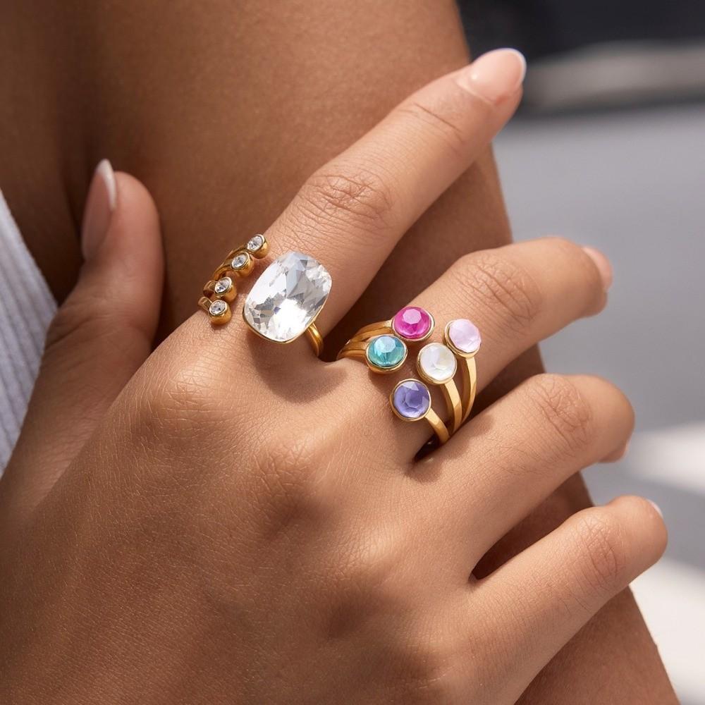 Elegant Open Ring Colorful Crystal Finger Ring Fashion Geometric Crystal Ring for Women