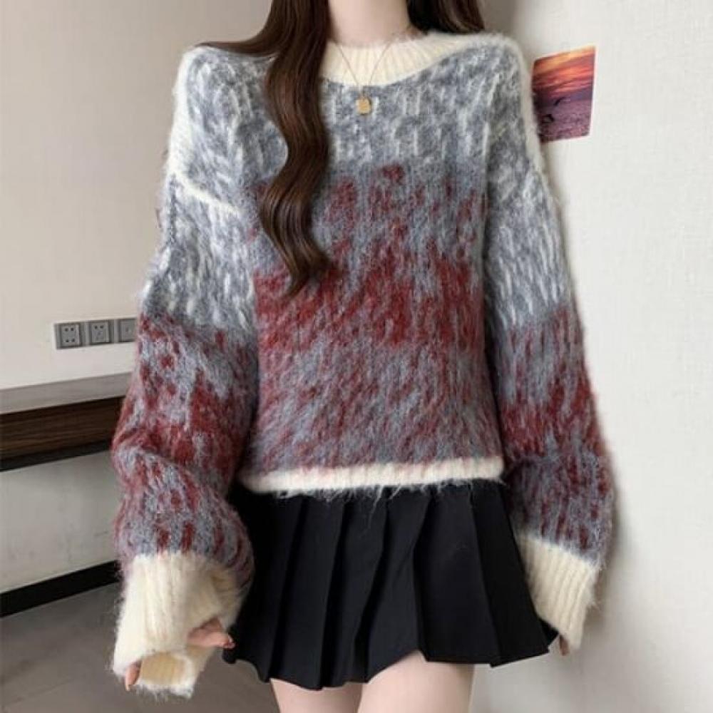 Navava Women S looSe Fit Color Block Long Sleeve Knit Tee Nk2465