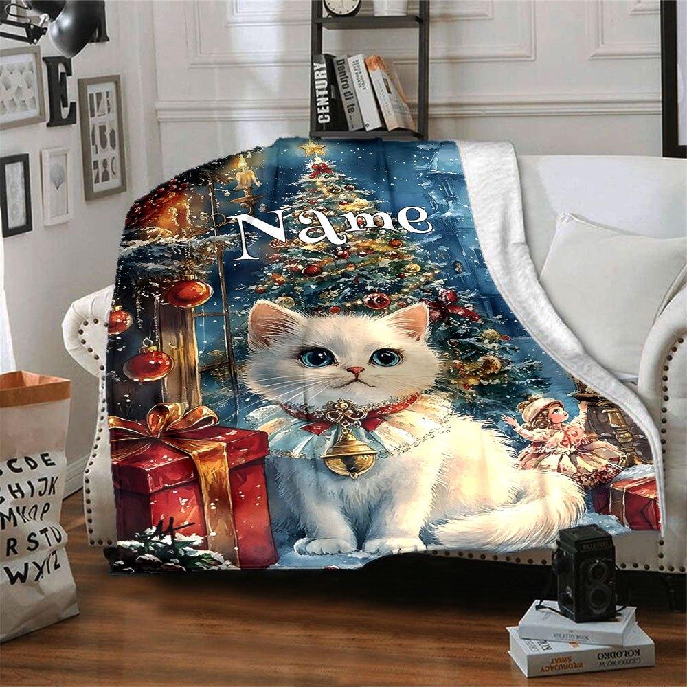 Christmas Cat Home Customize Your Name Blankets Soft And Cozy For All Seasons Perfect For Picnics Sofa Office Bed Living Room Ideal Gift For Friends