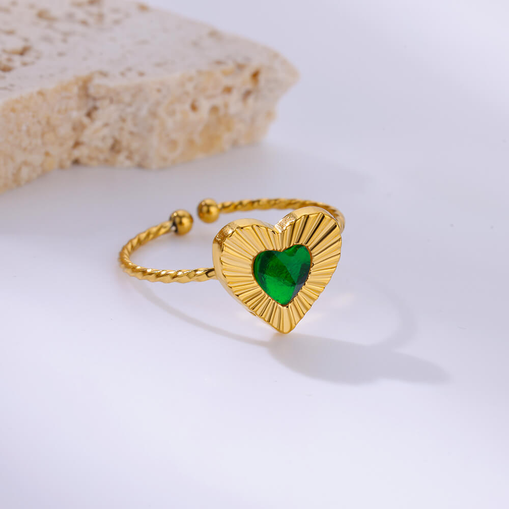 Зеленые кристаллы кольца сердца для женщин открытый регулируемый золотой цвет нержавеющая сталь кольцо модные ювелирные изделия свадебный подарок