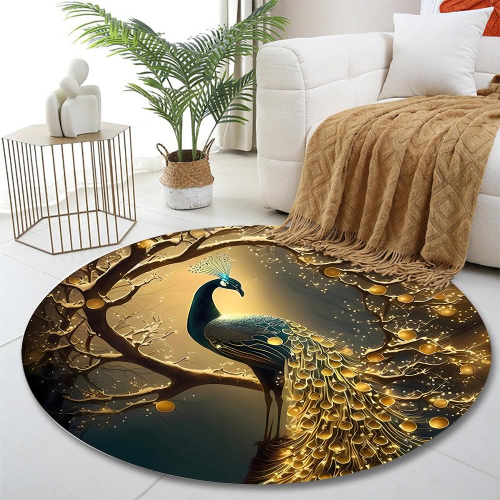 Golden Peacock in Glowing Tree Scene Print round rug, living room, bedroom, playroom carpet, non slip floor mat, gift