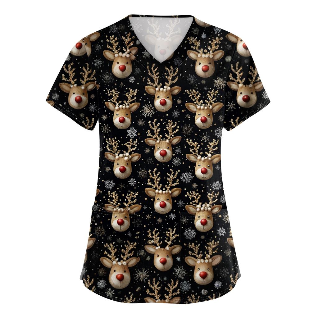 Женский топ защитного костюма с V-образным вырезом, рождественским принтом, короткими рукавами, карманом и боковым разрезом