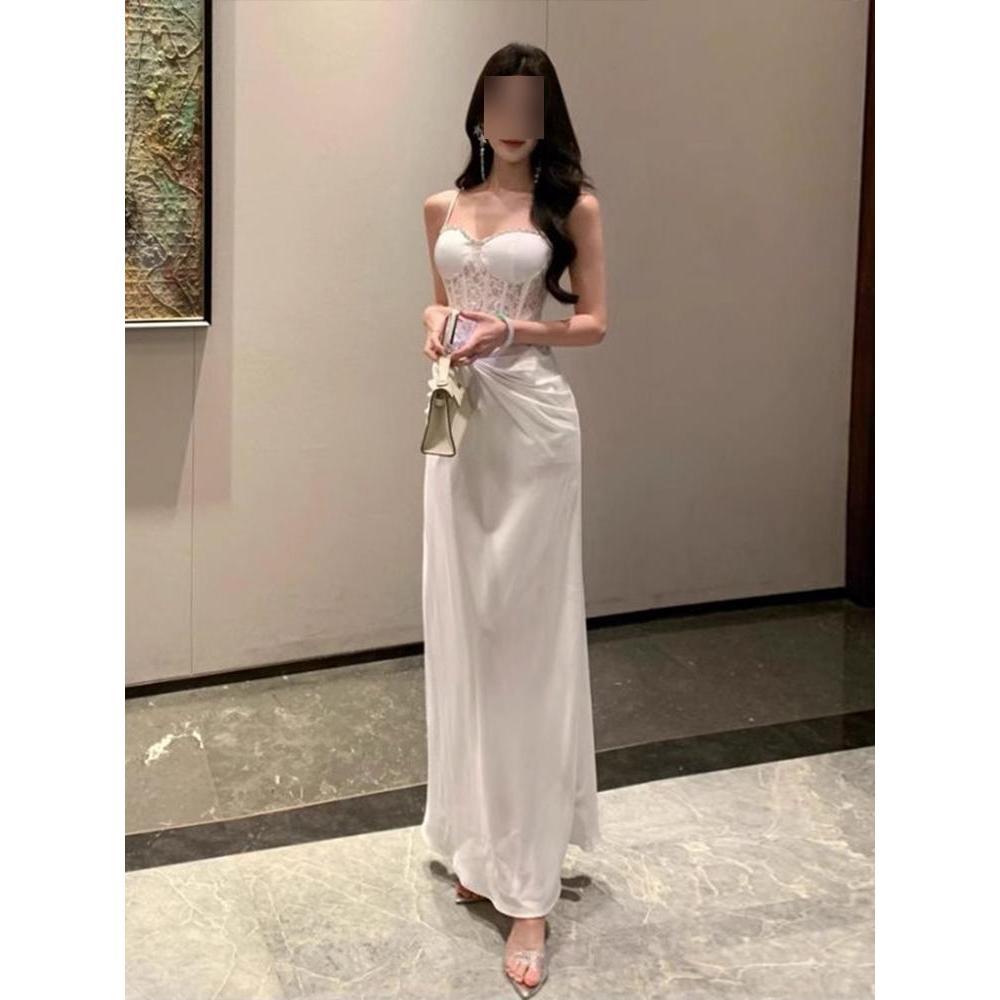 Французский темперамент белое кружевное платье на подтяжках женское летнее с высоким чувством талии и облегающее бедра банкетное платье платье платье