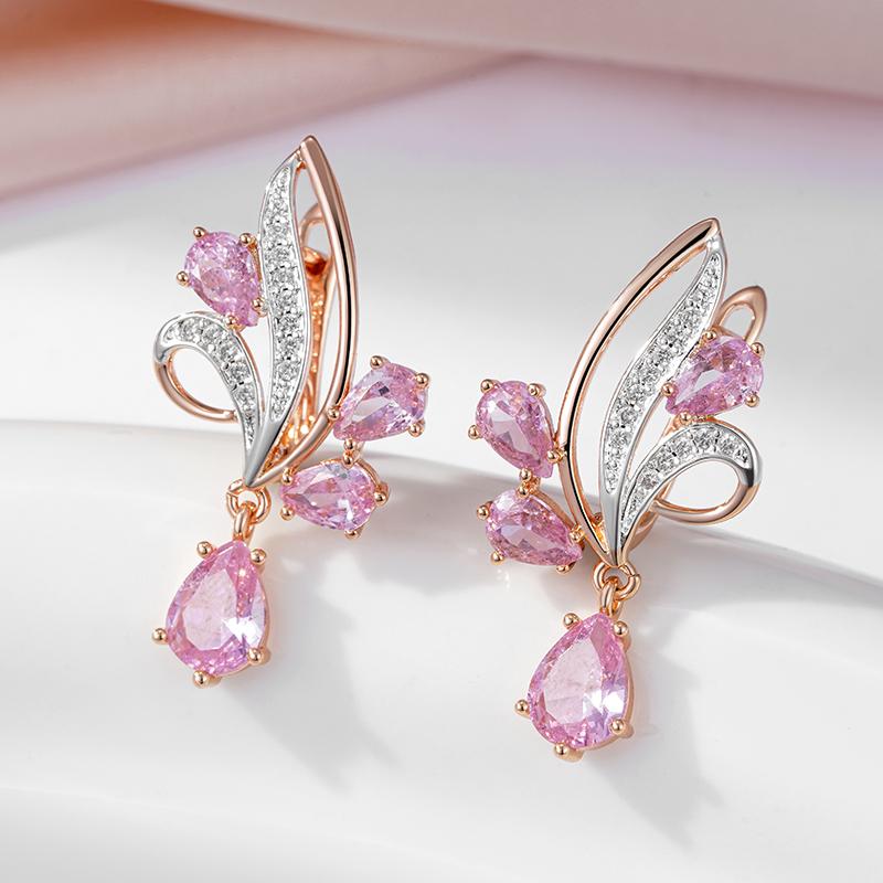 Kinel Pink Zircon Long Drop Earrings For Women Silver Color Luxury Party Jewelry