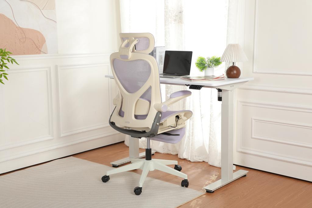 Foldable ergonomic office chair, small space chair with lumbar support, mesh sliding cushion, foldable armrests, 3D headrests with work pedals,purple