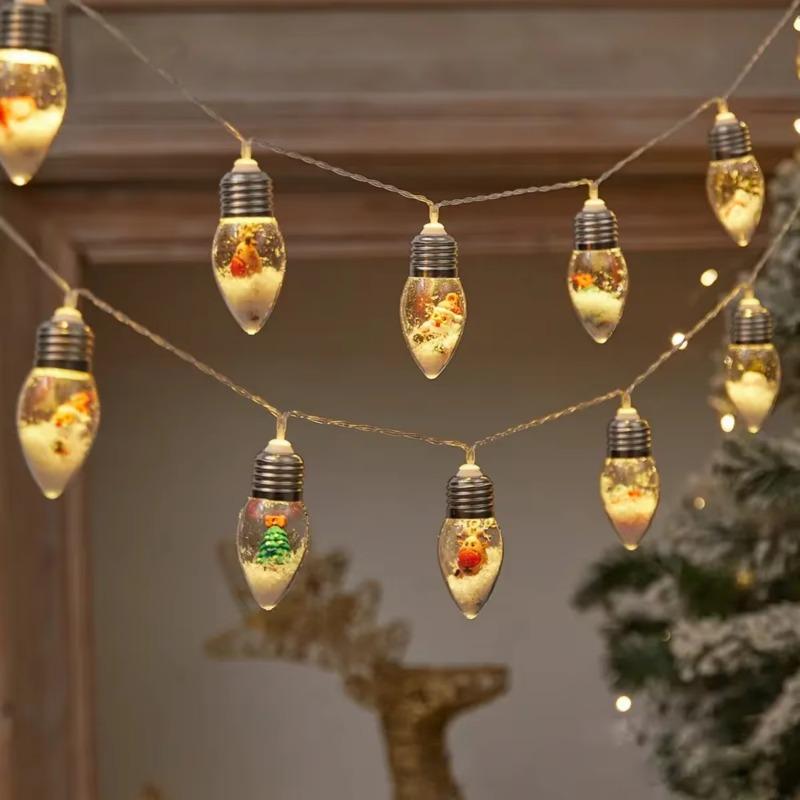 Гирлянда с шарообразными лампочками со снегом и милыми украшениями. Идеально для дома, патио, камина, Рождества, елки