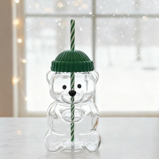 2Pcs Bear Shaped Tumbler with Lid & Straw Cute Leak-Proof Cup for Kids Adults Plastic Cold Drink Cup for Smoothie And Iced Coffee