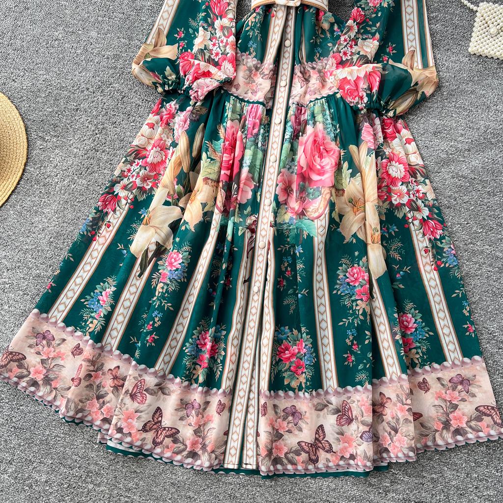 Spring Summer Women V-neck Vintage Print Chiffon Runway Dress Single Breasted Long Maxi Loose Holiday Beach Dresses with Belt