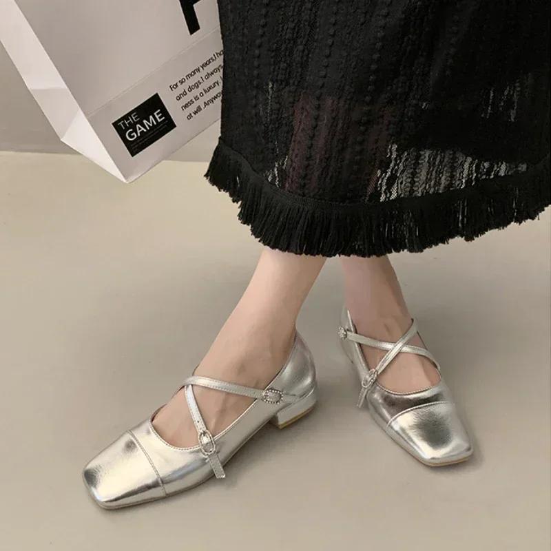 Fashion Fashion Medium Heeled Mary Jane Single Shoes for Women Retro Thick Heel Ballet Shoes Cross Buckle Shallow SoftSole Shoe 2025
