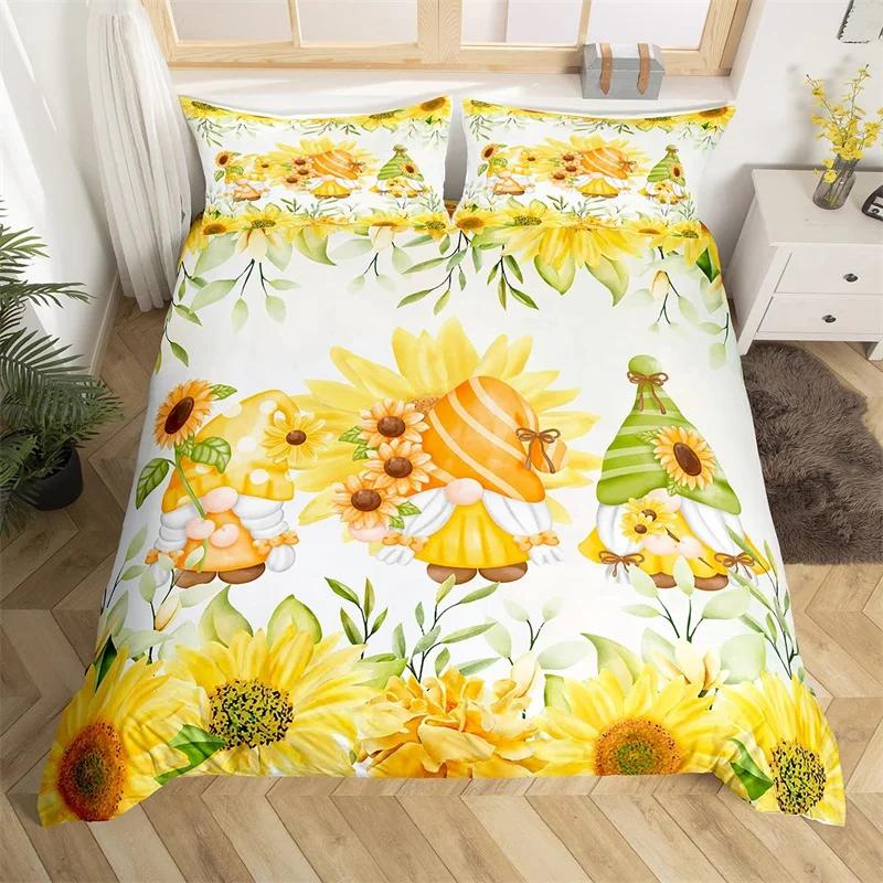 Spring Flower Gnomes Duvet Cover Romantic Rose Floral Bedding Set Microfiber Lovely Christmas Dwarf Quilt Cover Twin King Size