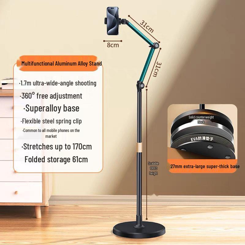 Multifunctional Floor & Bedside Mobile Phone Holder for Streaming, Overhead & Low-Angle Shots, Retractable Stand for Videos & TikTok
