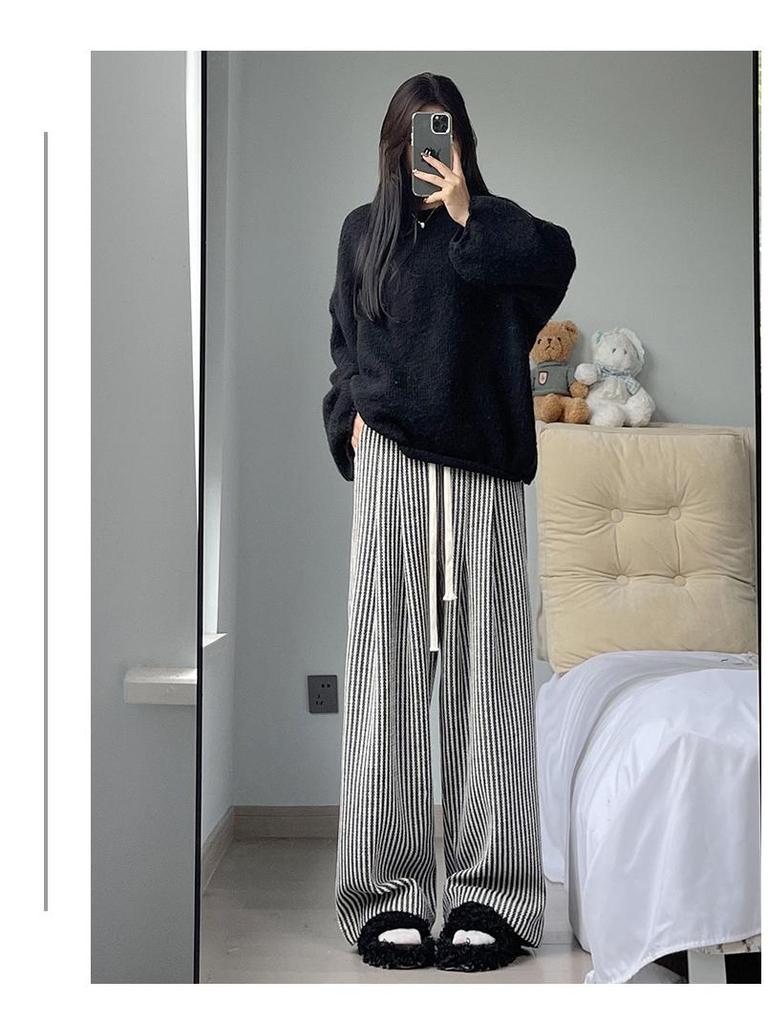 High-Quality Women's Retro Striped Wool Pants - Autumn/Winter Casual High-Waisted Slimming Straight-Leg with Wide-Leg Drape