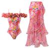 Floral Printed Off Shoulder Ruffle Swimwear With Cover Up Sexy Bikini Set 2024 Biquini Luxury Swimsuit Beach Bodysuit Monokini