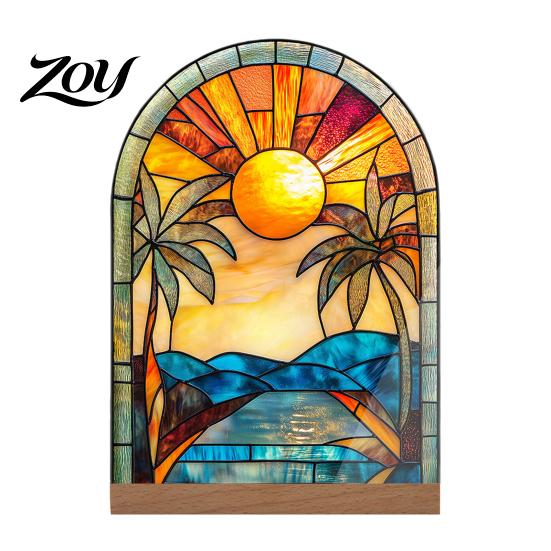 Floral Acrylic Display Stained Glass Style Table Centerpieces, & Landscape Pattern Modern Entryway Decor Tabletop Sign with Wood Base for Home Office