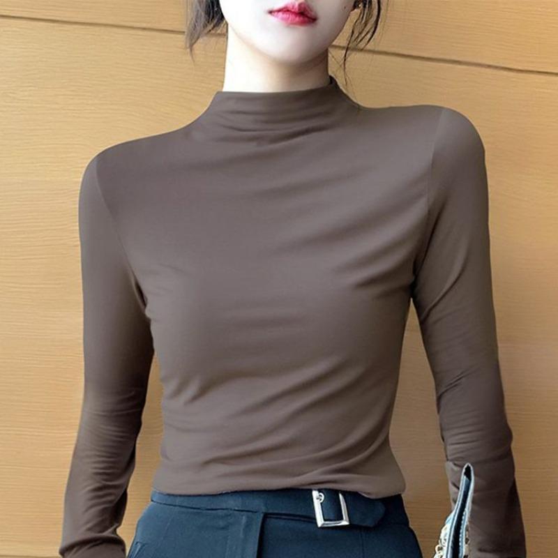 Autumn and Winter Elegant Half-high Collar Modal Base Shirt Women's Autumn Fleece-lined Women's Slim-fit Long-sleeved High Collar Inner Top