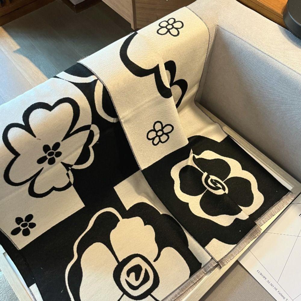 Black White Printed Scarf Camellia Large Wool Shawl Elegant Winter Cashmere Scarves Girl