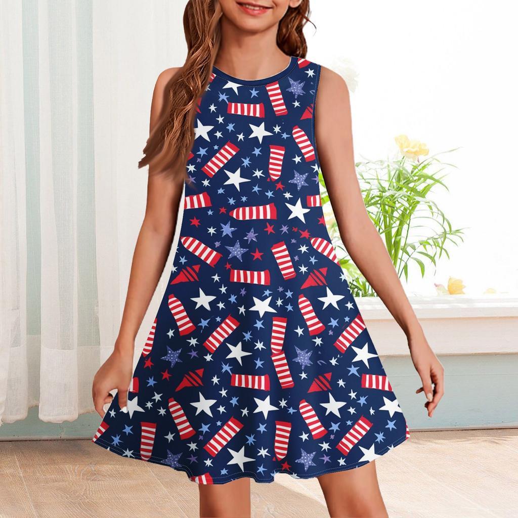 Летнее платье для девочек без рукавов с принтом в цвете, повседневное платье