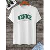 New Men's Casual Loose Fashionable White Crew Neck Letter 'Venice' Print Short Sleeves T-Shirt