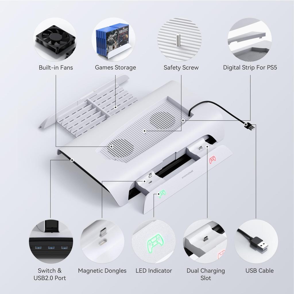 Stand for PS5 KIWIHOME Vertical Stand for PS5 Charging PS5 Peripherals RGB Effect 2 Controllers Charging Stand 3 USB Ports Cooling for PS5 Cooling Fan