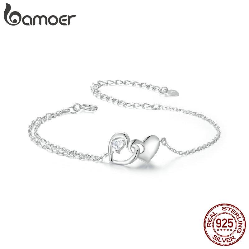 BAMOER стерлингового серебра 925 пробы ювелирные изделия навсегда любовь сердце двойной браслет-цепочка дружба регулируемый браслет подарок для женщин