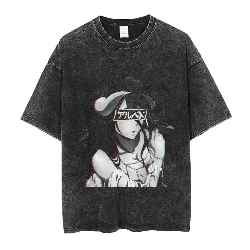 Y2k Harajuku Overlord Anime Washed T-Shirt - Men's and Women's Skull Printed Streetwear Short Sleeve