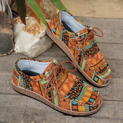 Женская племенная обувь - Яркий оранжевый цвет, Нескользящая резиновая подошва для повседневных и особых мероприятий - Легко чистящиеся повседневные балетки для осенних нарядов, Удобная для ходьбы