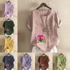 Women's Fashion Flowers Prined Round Neck Short Sleeve T-shirt Casual Cotton Linen Graphic Shirt Leisure Loose Summer Blouse Tops