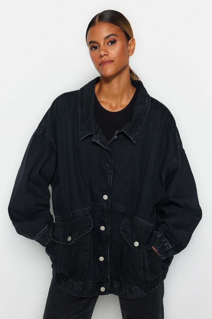 Women's Fashion New Jacket Black Pocket Detailed Oversize Denim Jacket