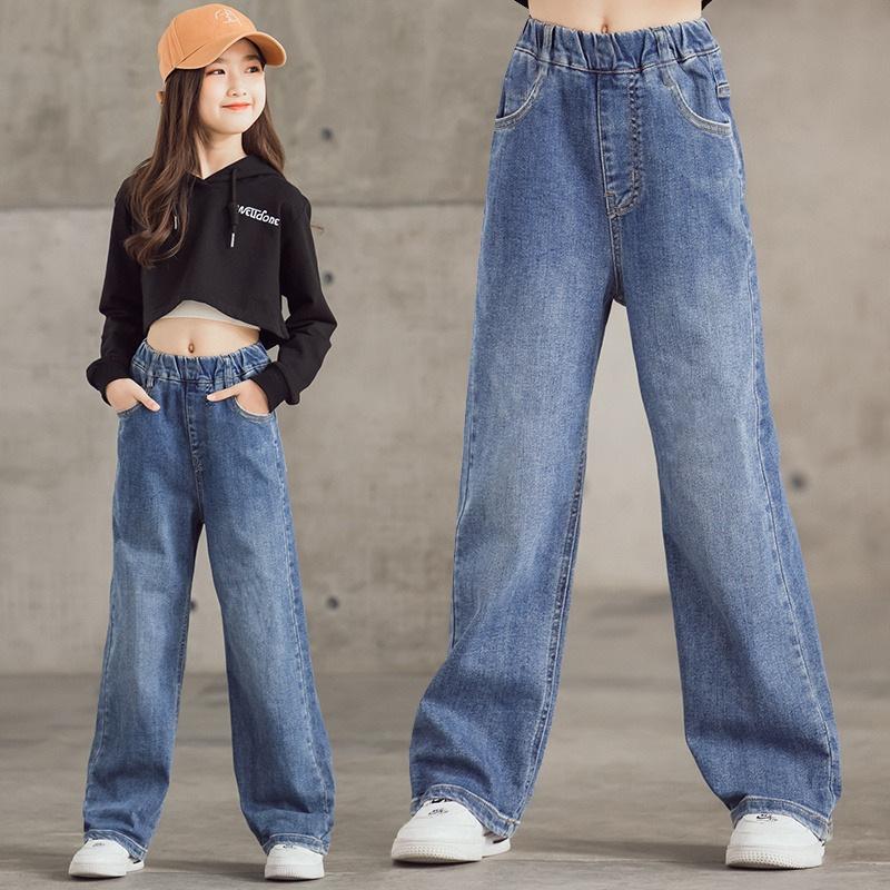 Girls' Denim Wide-leg Pants Loose Western Style Straight-leg Pants Ripped Trousers Big Children's Jeans
