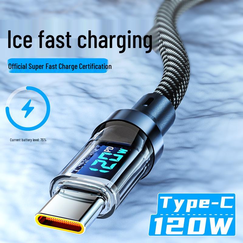 Сверхбыстрый кабель Type-C для передачи данных мощностью 120 Вт с цифровым дисплеем мощности в реальном времени, полностью совместимый.