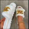 Plus Size Women Shoes Autumn Plush Slippers Fashion Open Toe Solid Color Metal Chain Indoor Casual Shoes 36-43 Slippers Women