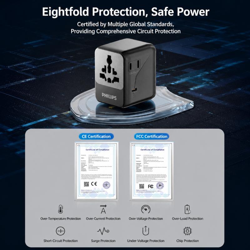 Philips Universal Travel Plug Adapter 70W Laptop Fast Charging with Side Socket 3C2A, Black