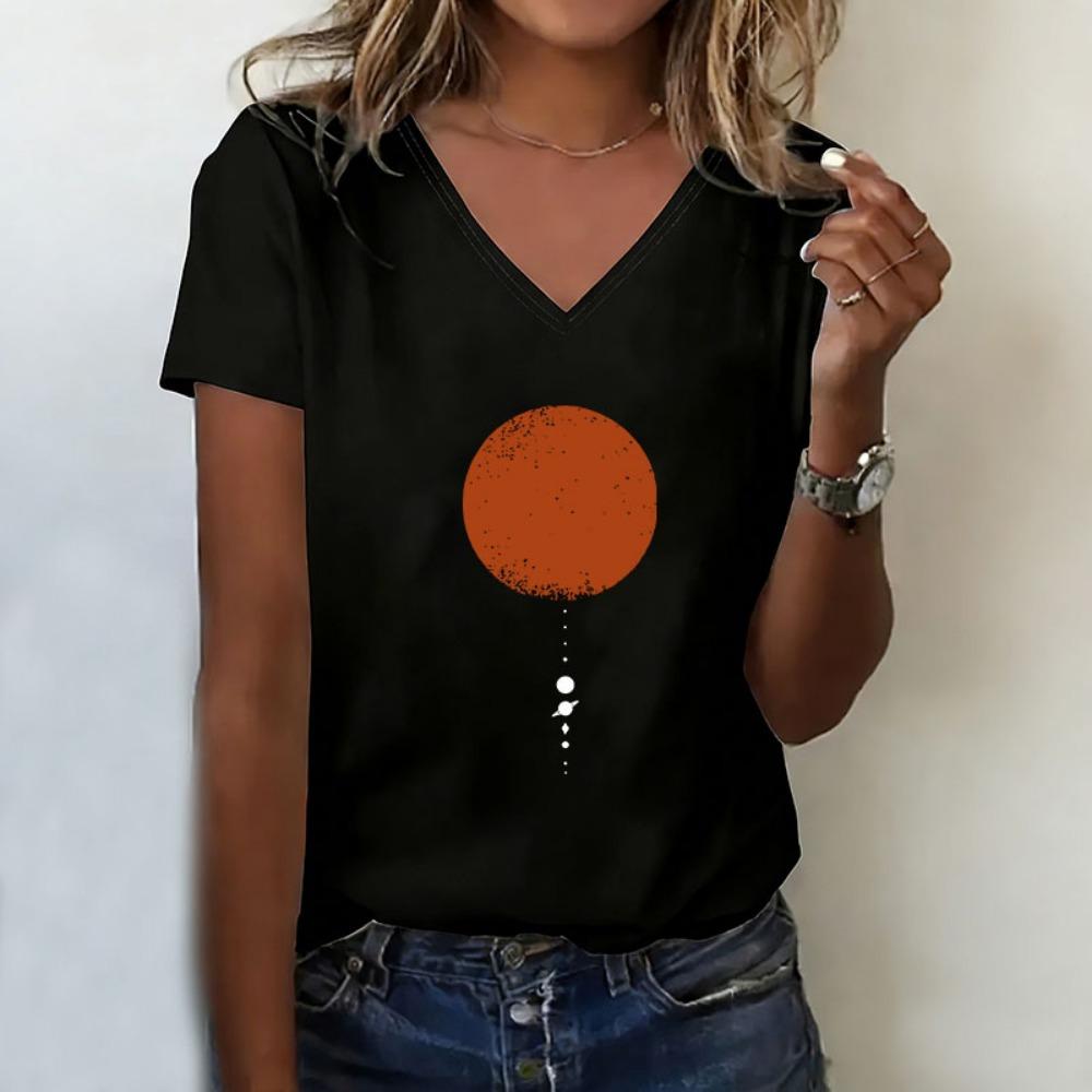 Japanese Style Moon Sun T-shirt V Neck Casual Fashion Vintage T Shirts Women Short Sleeve Tee Shirt V-Neck Retro Shirt