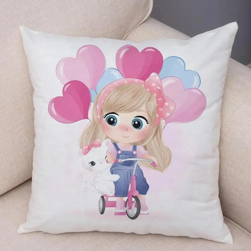 Cute Girl and Cat Pillowcase Car Ornaments Office Living Room Sofa Home Pillowcase