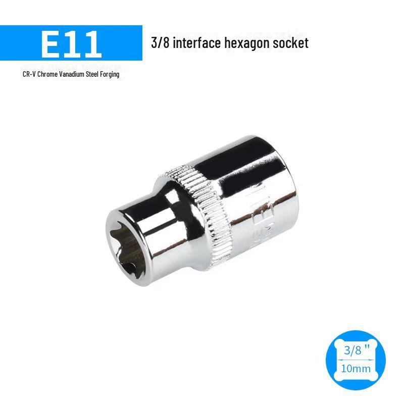 Metric 6-Point Flower-Shaped E-Type Socket Set: 1/2 Large, 3/8 Medium, 1/4 Small, Star Type.