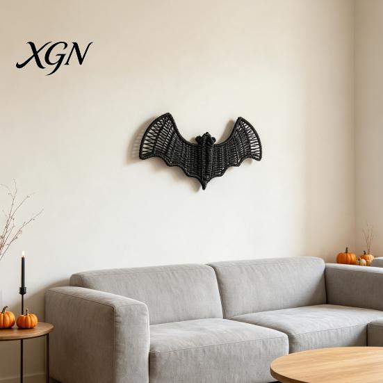 Haunted House Party Decor Woven Rattan Bat Wall Hanging Decoration, Halloween Handcrafted Black Wicker Bat, Seasonal Decorations 3D Scary Rustic