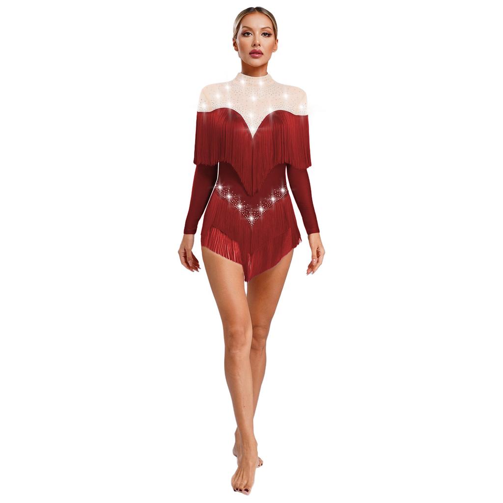 Женский латинский купальник с бахромой, воротником-стойкой, сетчатыми длинными рукавами, блестящими стразами, боди с бахромой