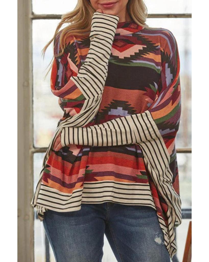 Azura Exchange Multicolor Western Aztec Striped Mock Neck Dolman Sleeve Top