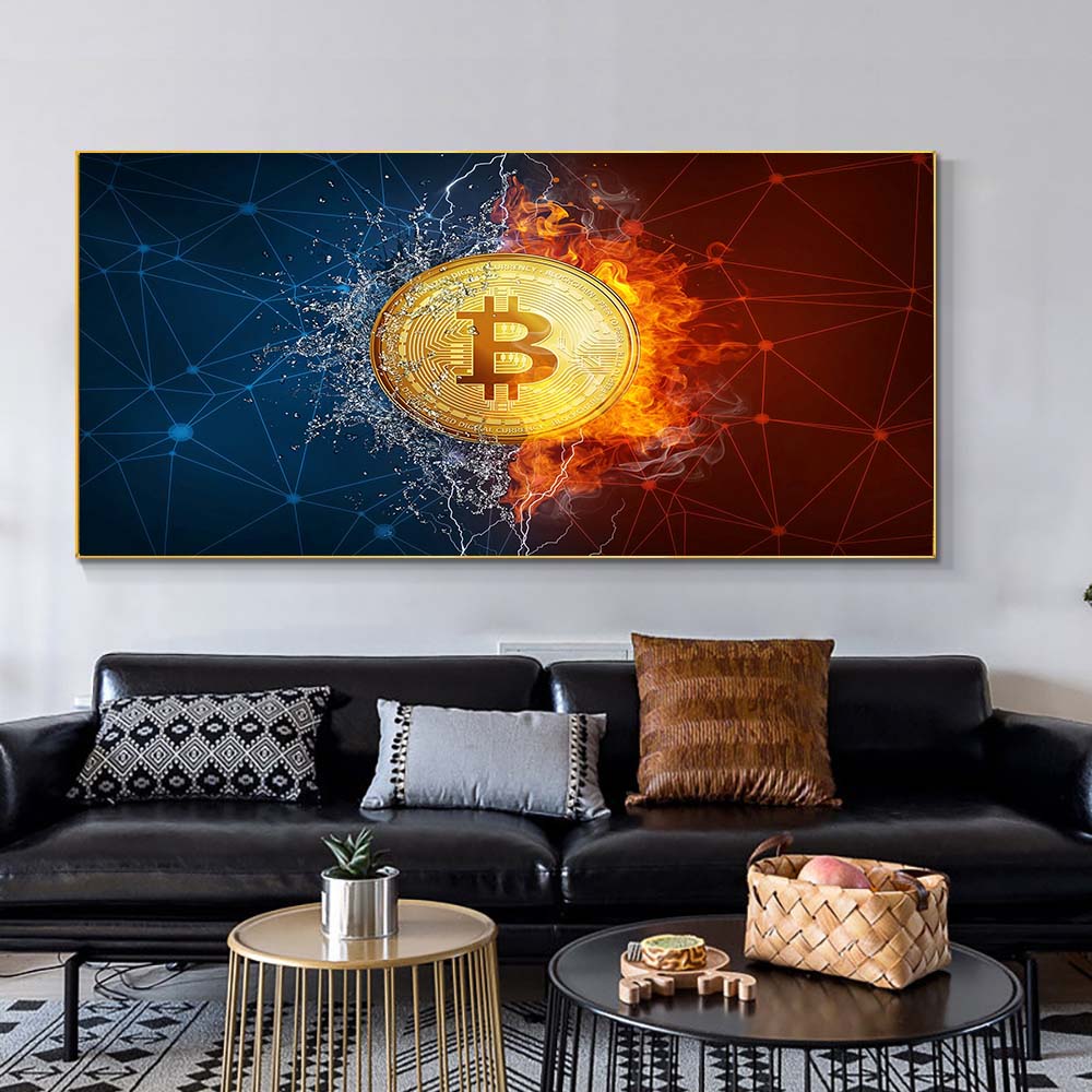 Burning Bitcoin Canvas Painting Nordic Dollar Money Posters and Prints Wall Art Pictures for Living Room Vintage Decor No Frame