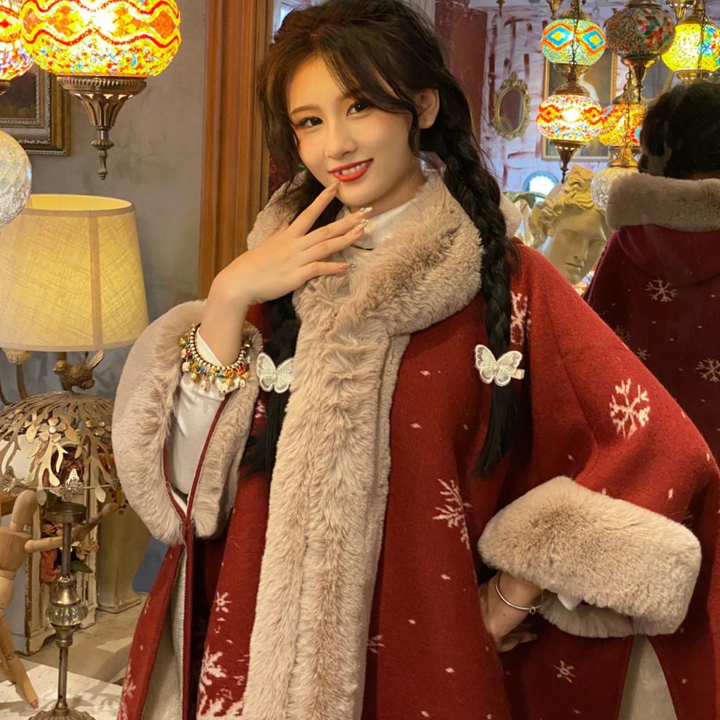 Thickened Warm Shawl Cloak Retro Plaid Hooded Large Fur Collar Coat Women's Clothing