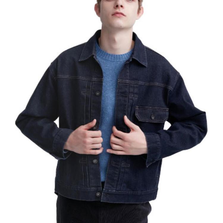 Uniqlo Однотонная джинсовая куртка на одной пуговице Унисекс куртки Глубокий синий 459587-68