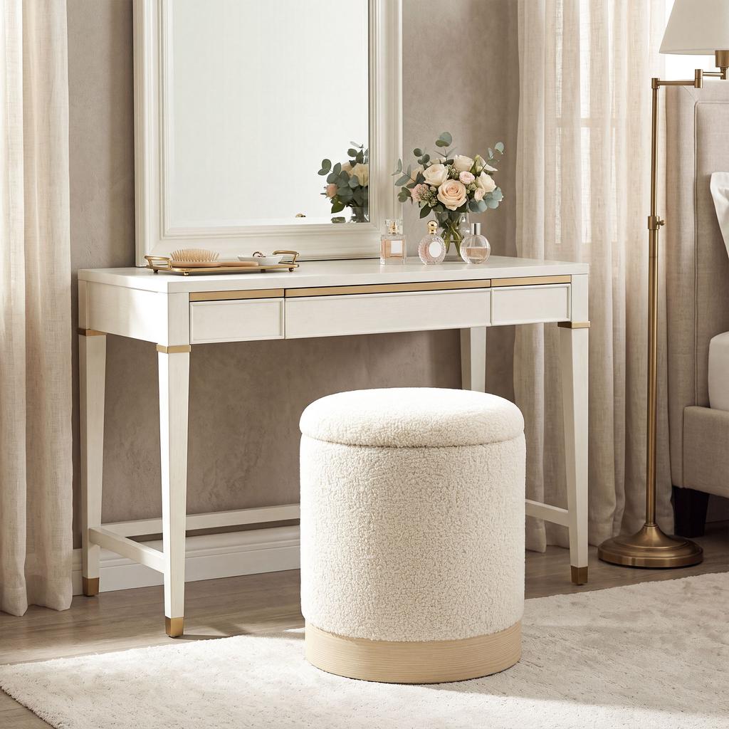 38 cm Round Stool with Sherpa Cover, Storage and Wood-Look Metal Base, Cream White